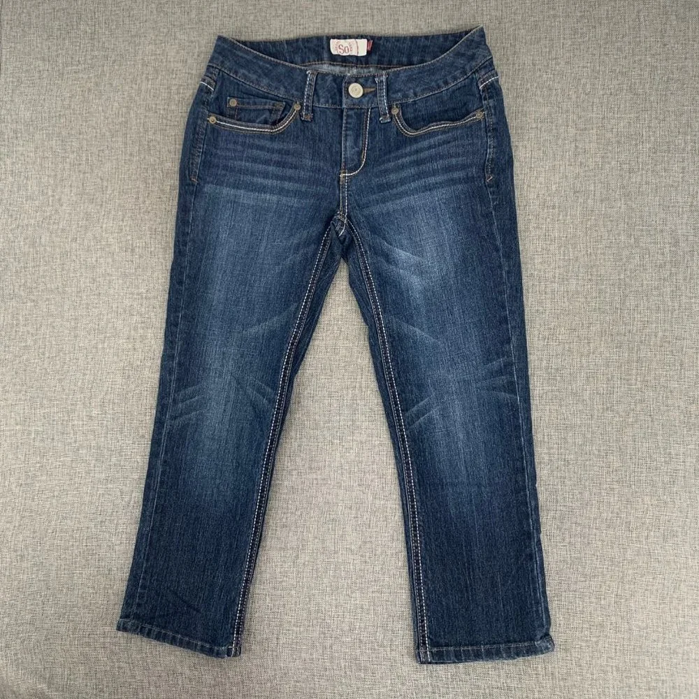 So Straight Dark Blue Denim Jeans Size 5 Low Rise 78% Cotton Polyester‎ Spandex